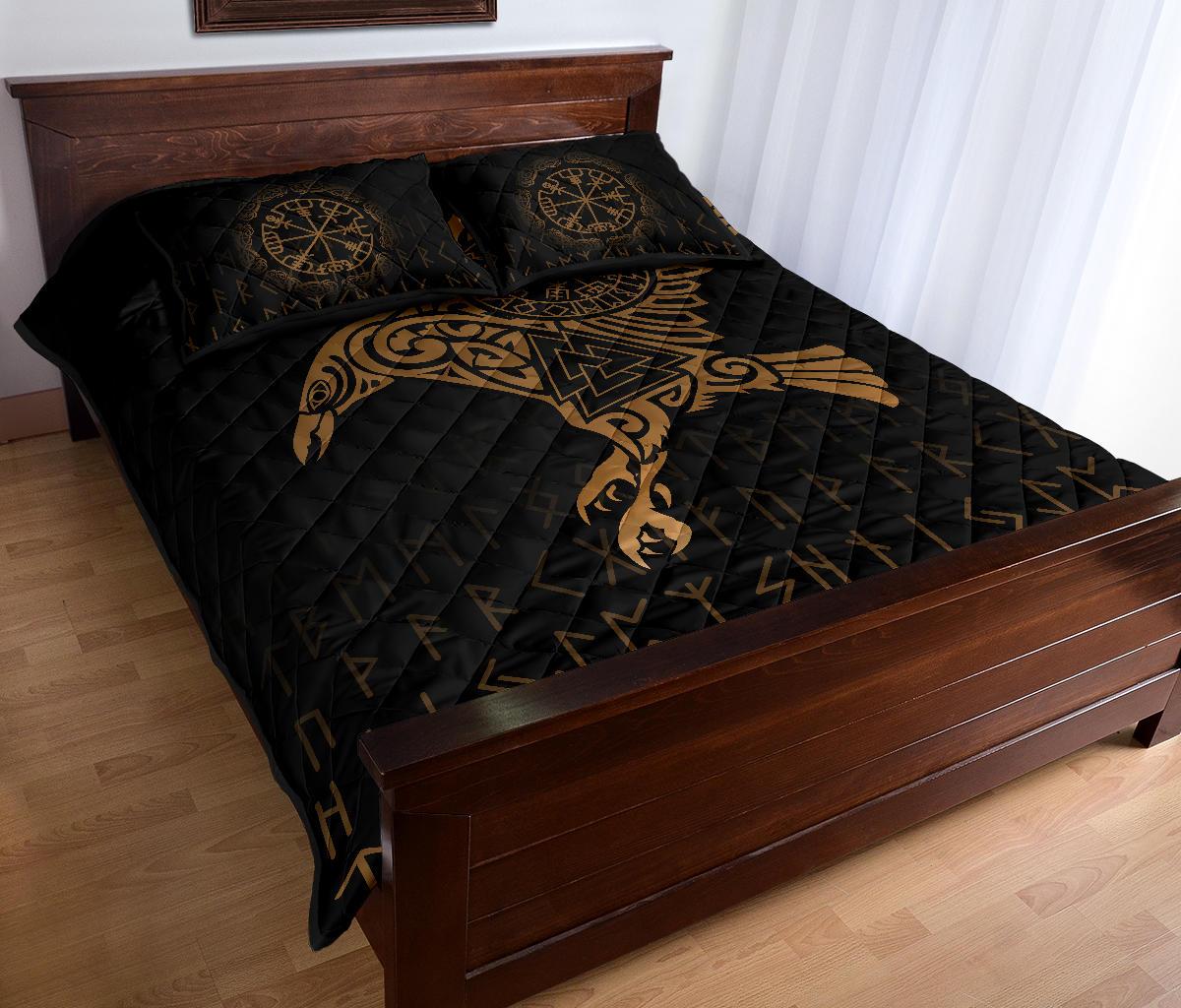 Viking Quilt Bedding Set Raven Tattoo Gold