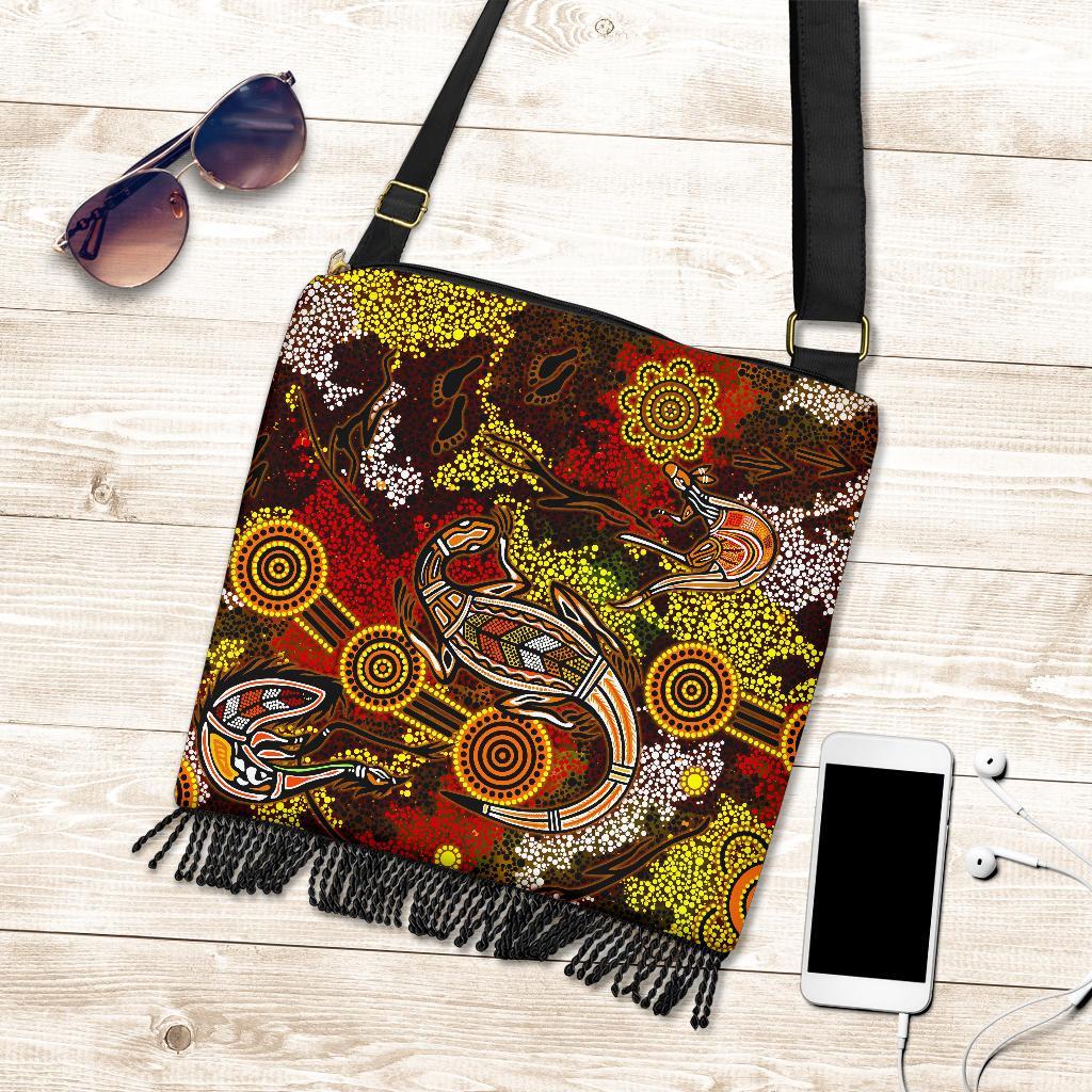 Aboriginal Boho Handbag , Kangaroo and Lizard Dot Painting Art