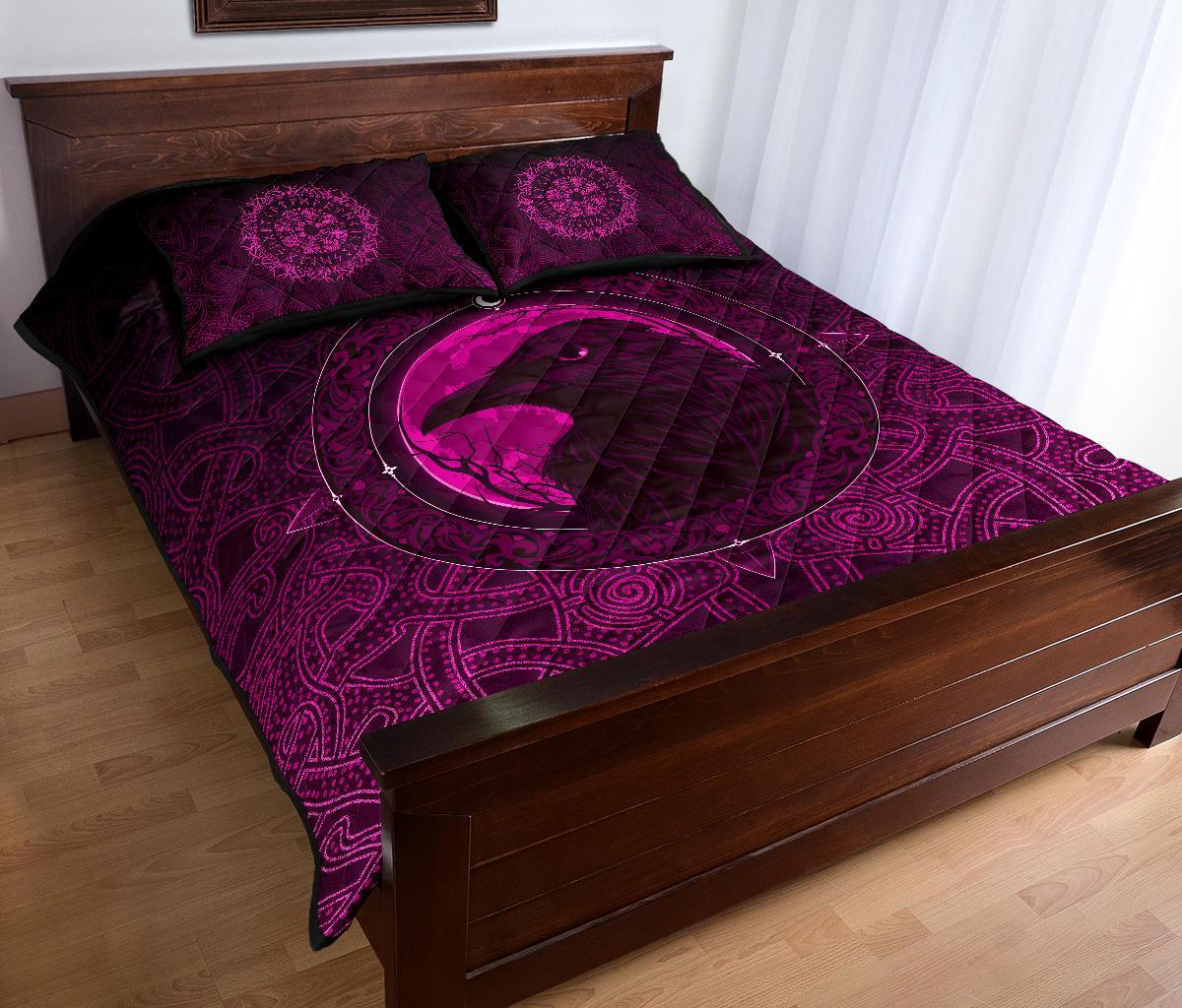 Viking Quilt Bedding Set Ethnic Odin Raven Pink