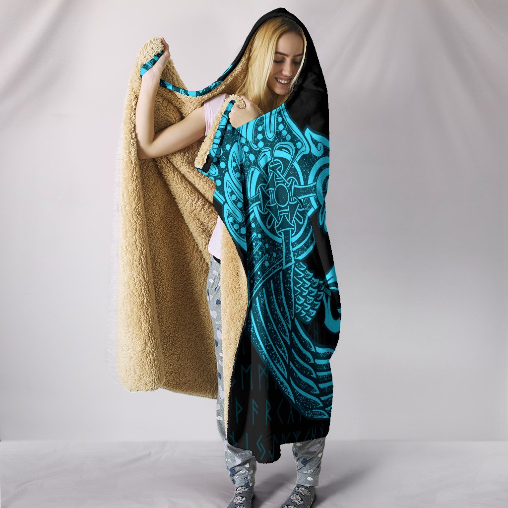 Viking Hooded Blanket Raven Tattoo Cyan Style