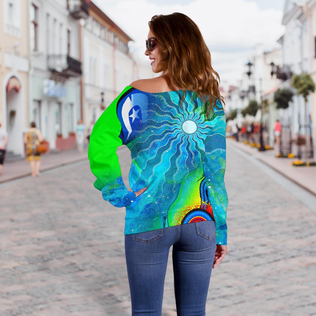 Off Shoulder Sweater - Torres Strait Islanders Flag with Aboriginal Patterns Sweater