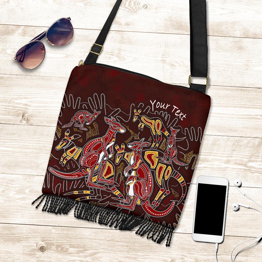 (Custom) Aboriginal Boho Handbag - Kangaroo family with Hand Art