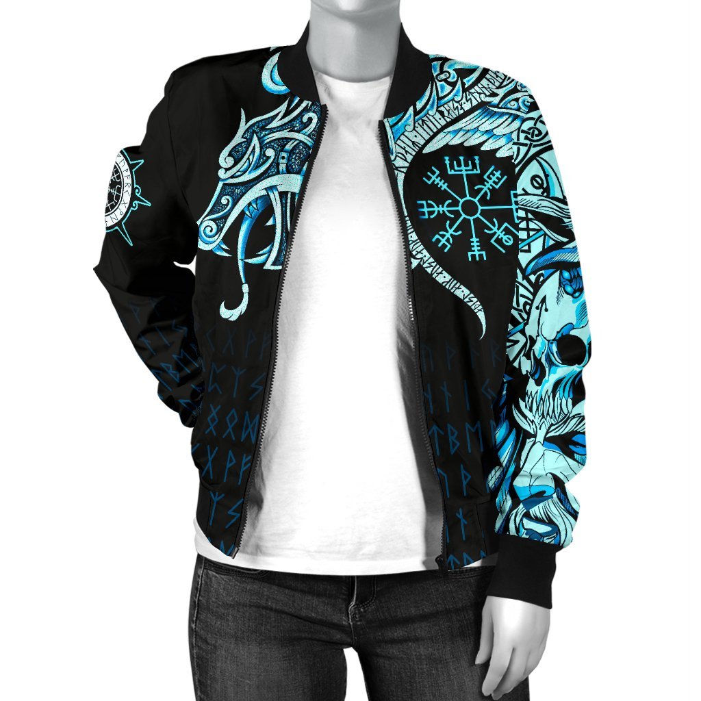 Viking Bomber Jacket Fenrir Raven And Vegvisir Tattoo Cyan Style Ver02