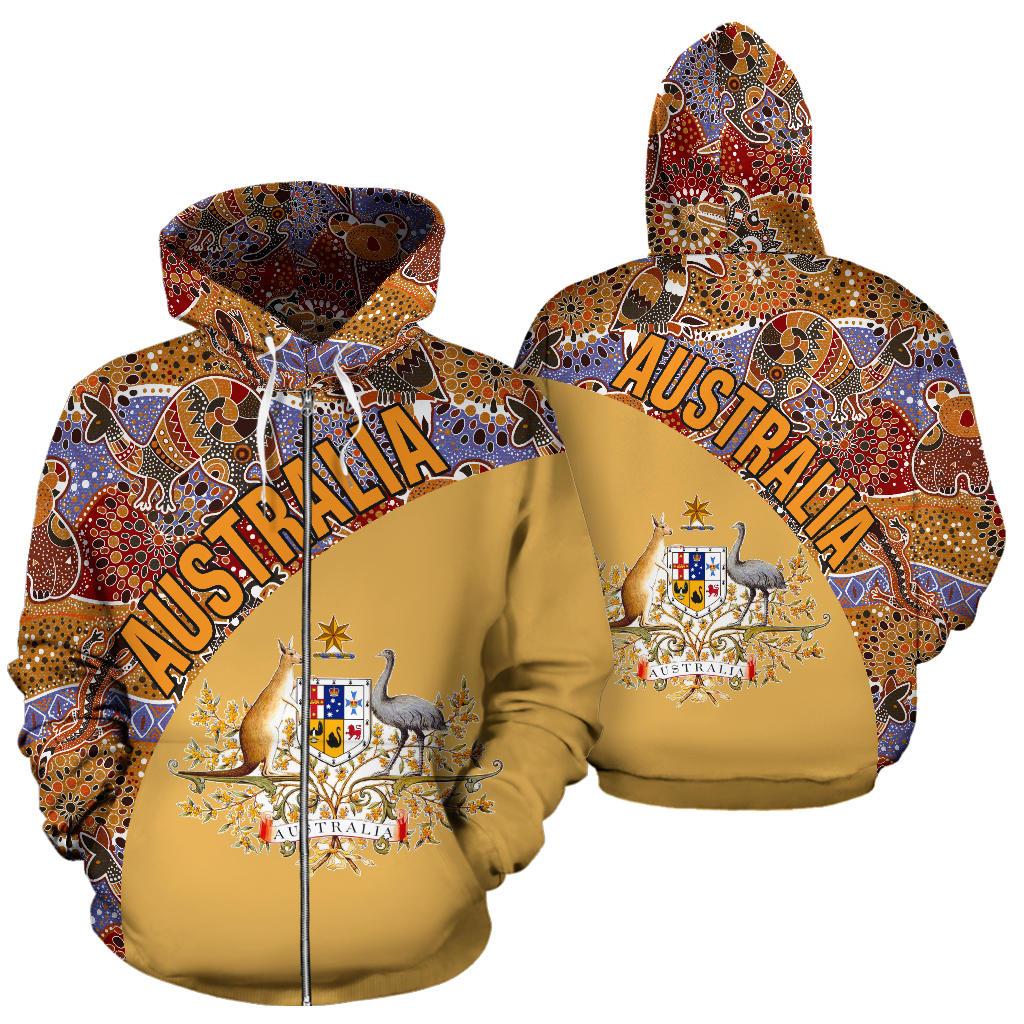 Aboriginal Zip Hoodie - Australian Coat Of Arms Kangaroo Koala All Over Print