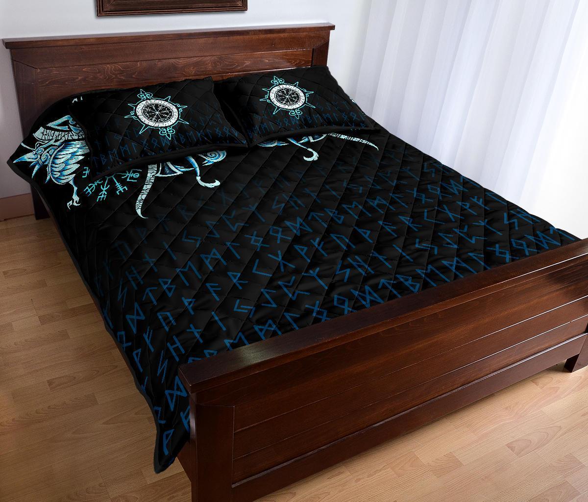 Viking Quilt Bedding Set Fenrir Raven And Vegvisir Tattoo Cyan