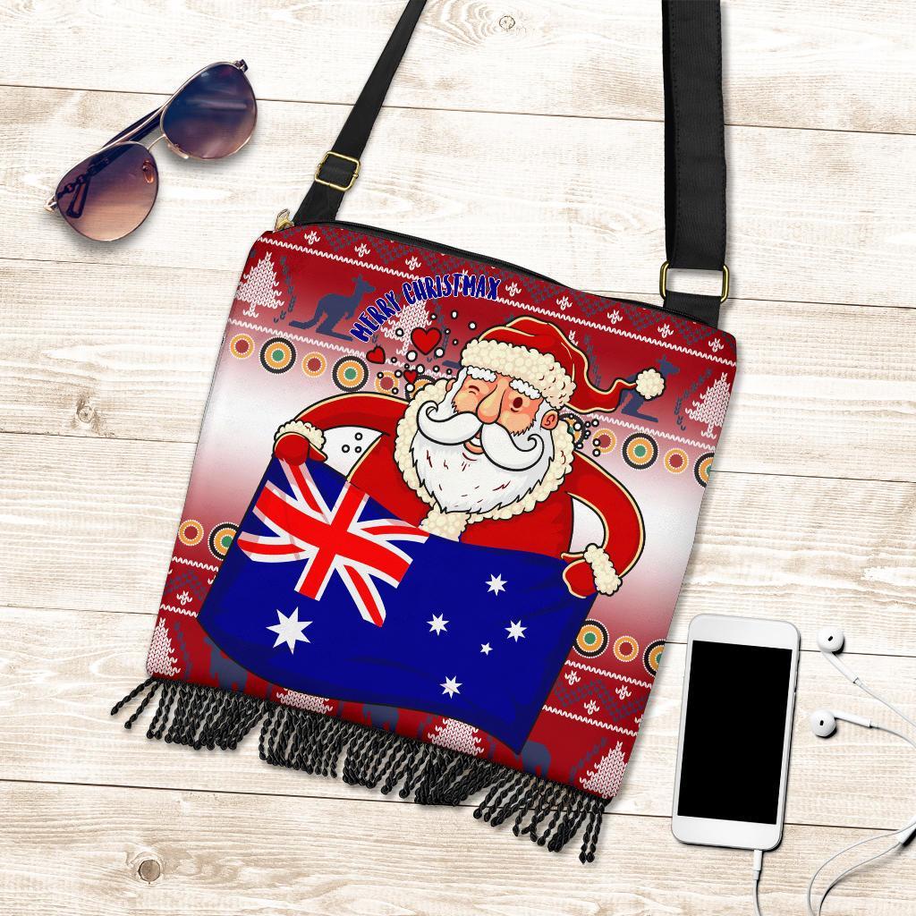 Christmas Boho Handbag - Australia Santa Claus Hold The Flag ( Red)