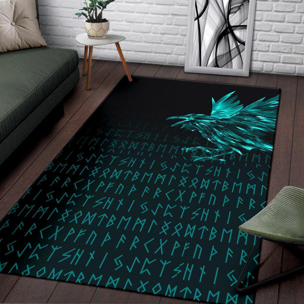 Viking Area Rug The Raven Of Odin Rune Cyan