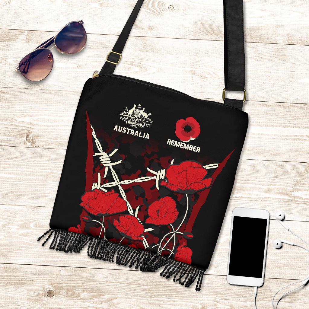 Anzac Boho Handbag - Anzac with Remembrance Poppy Flower