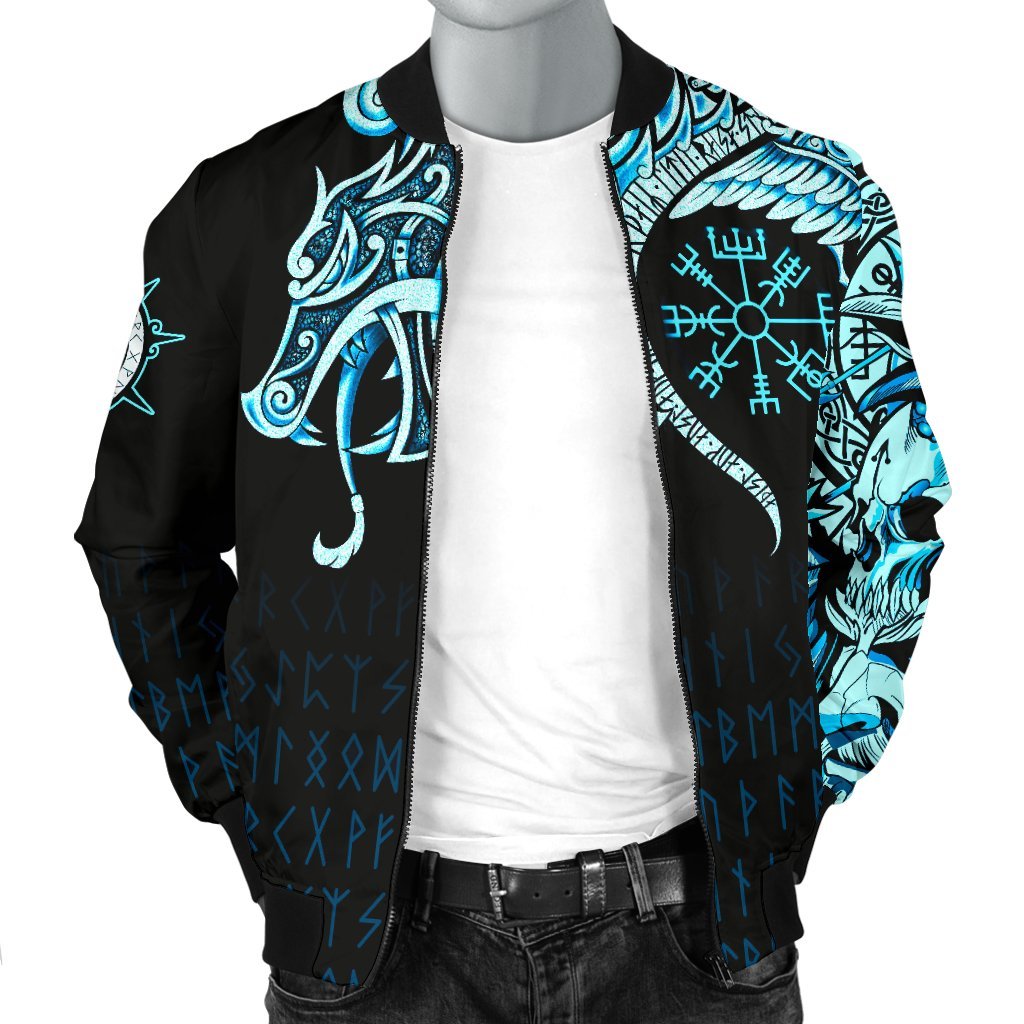 Viking Bomber Jacket Fenrir Raven And Vegvisir Tattoo Cyan Style Ver01