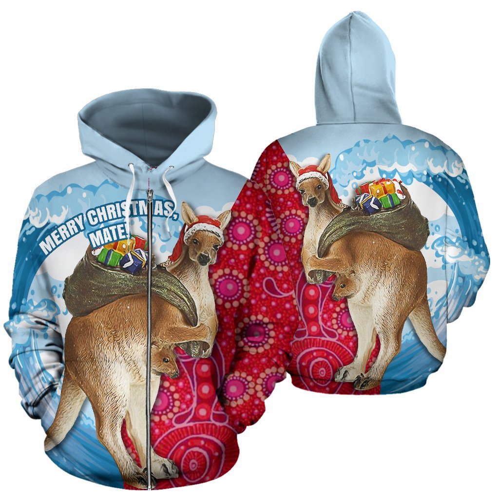 Christmas Zip Hoodie - Kangaroo Aboriginal Dot Painting Wave Patterns