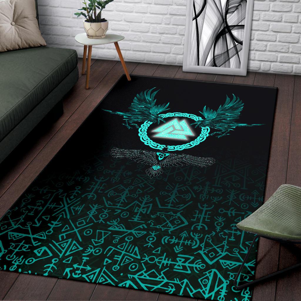 Viking Area Rug Three Raven and Valknut Cyan