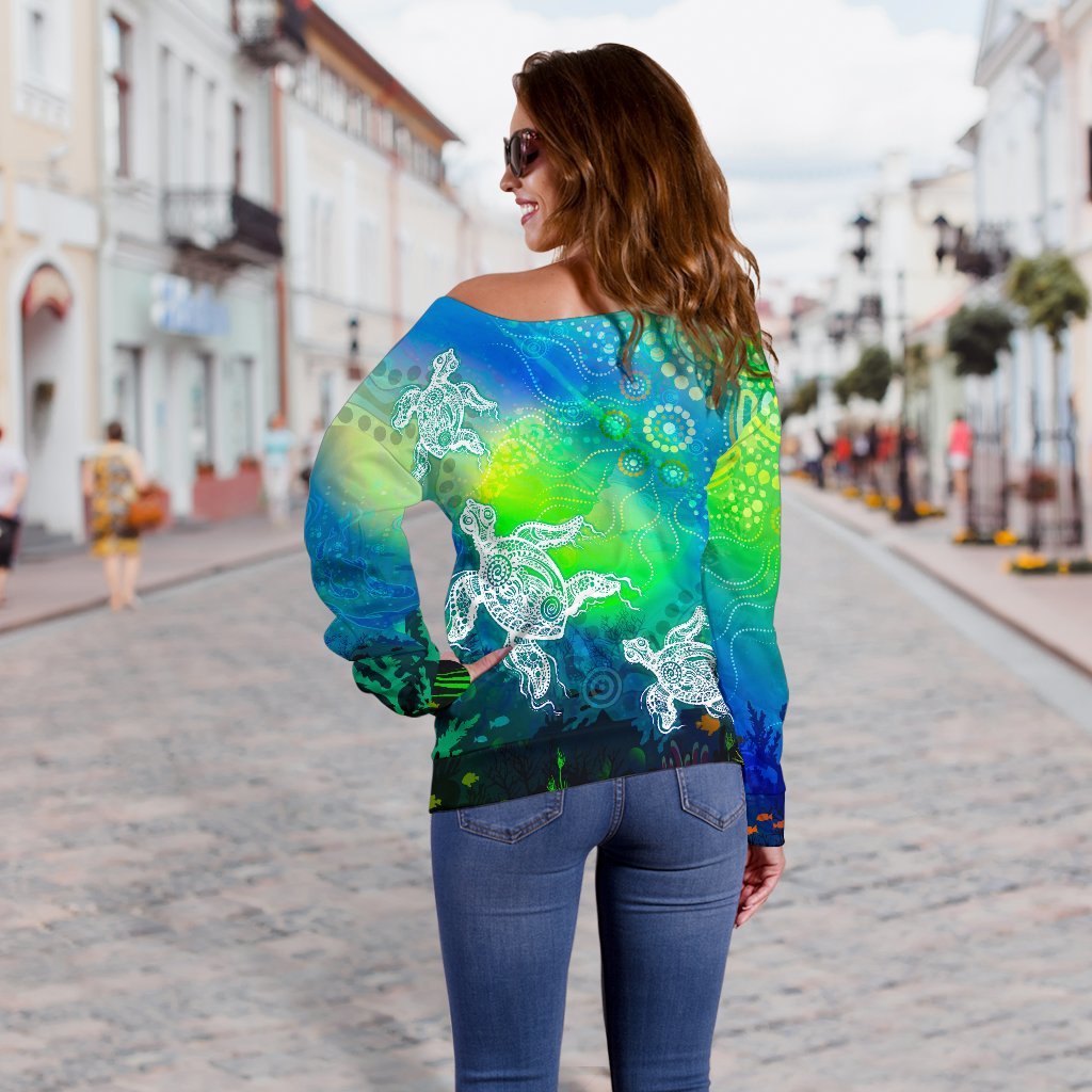 Aboriginal Women's Off Shoulder Sweater - Indigenous Turtle Ocean Dot Painting Art