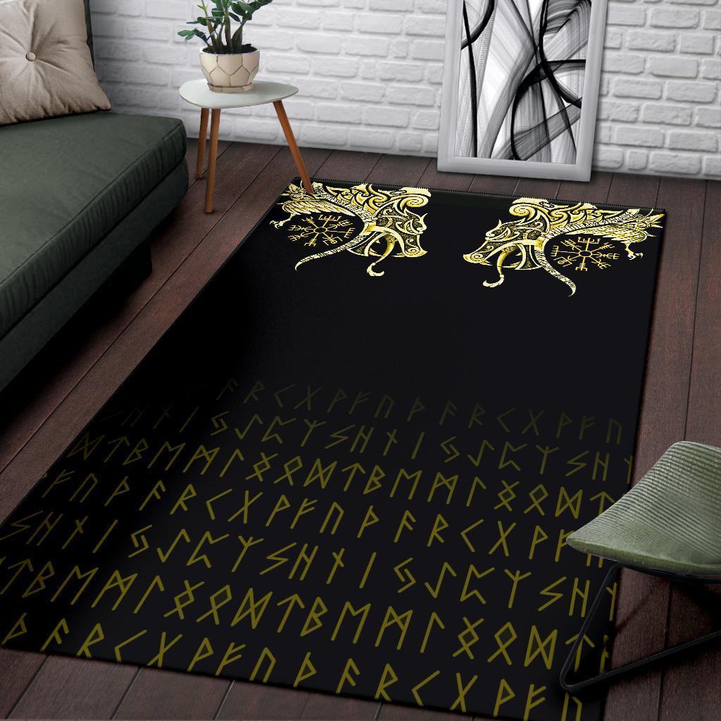 Viking Area Rug Fenrir Raven And Vegvisir Tattoo Yellow