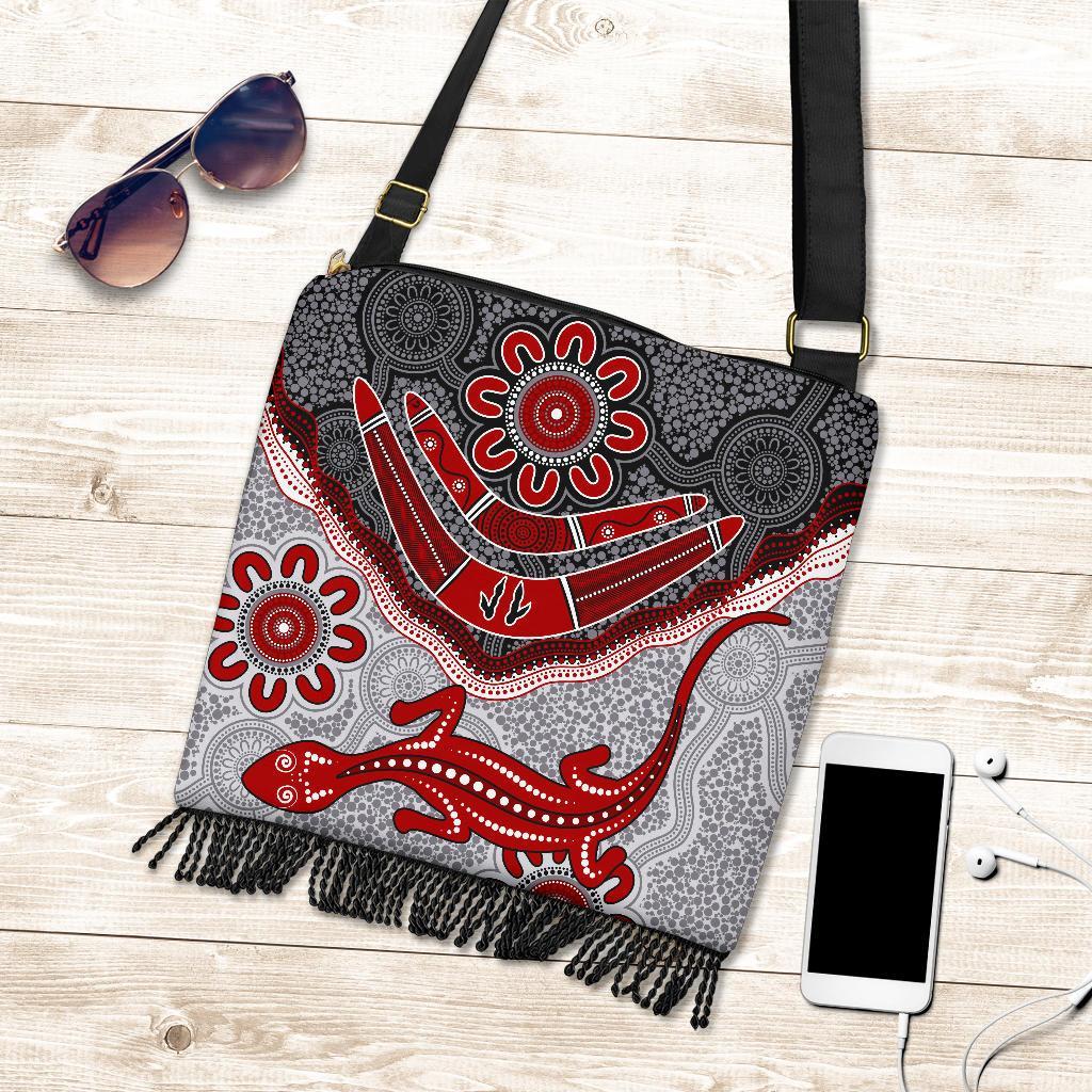 Aboriginal Crossbody Boho Handbag - Indigenous Boomerang and Lizard Art