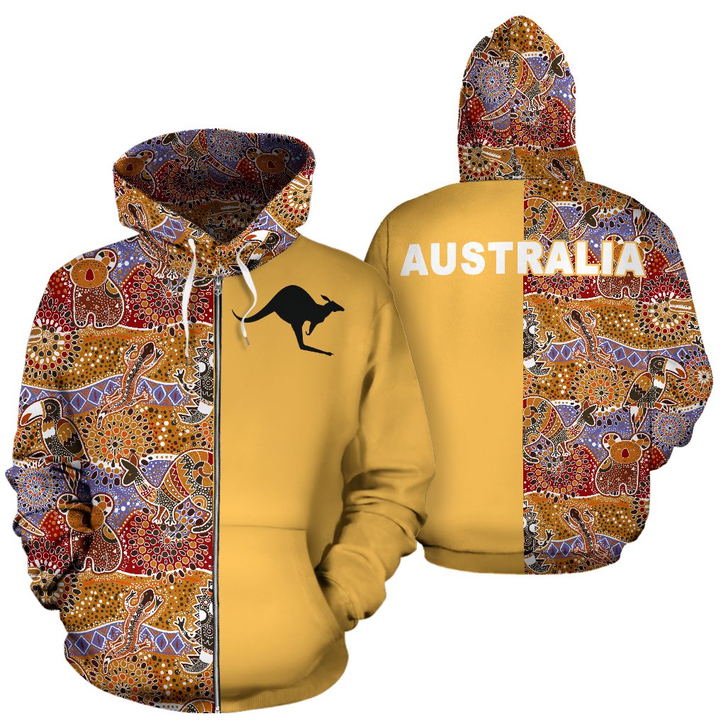 Aboriginal Zip Hoodie - Koala Lizard Kangaroo Symbol Australia