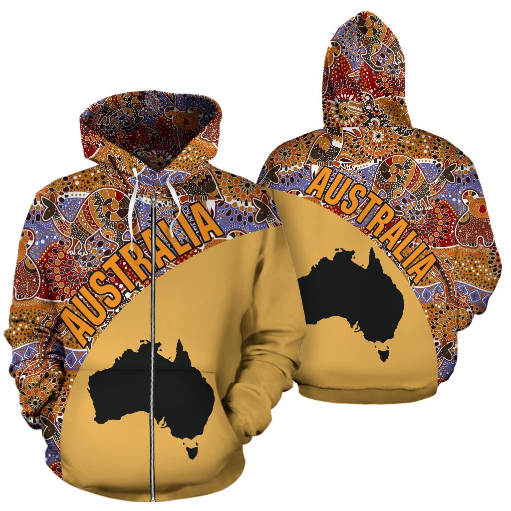 Aboriginal Zip Hoodie - Australia Map Patterns Koala Kangaroo