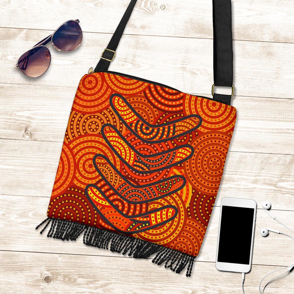 Aboriginal Boho Handbag - Aboriginal Boomerangs And Dot Circle