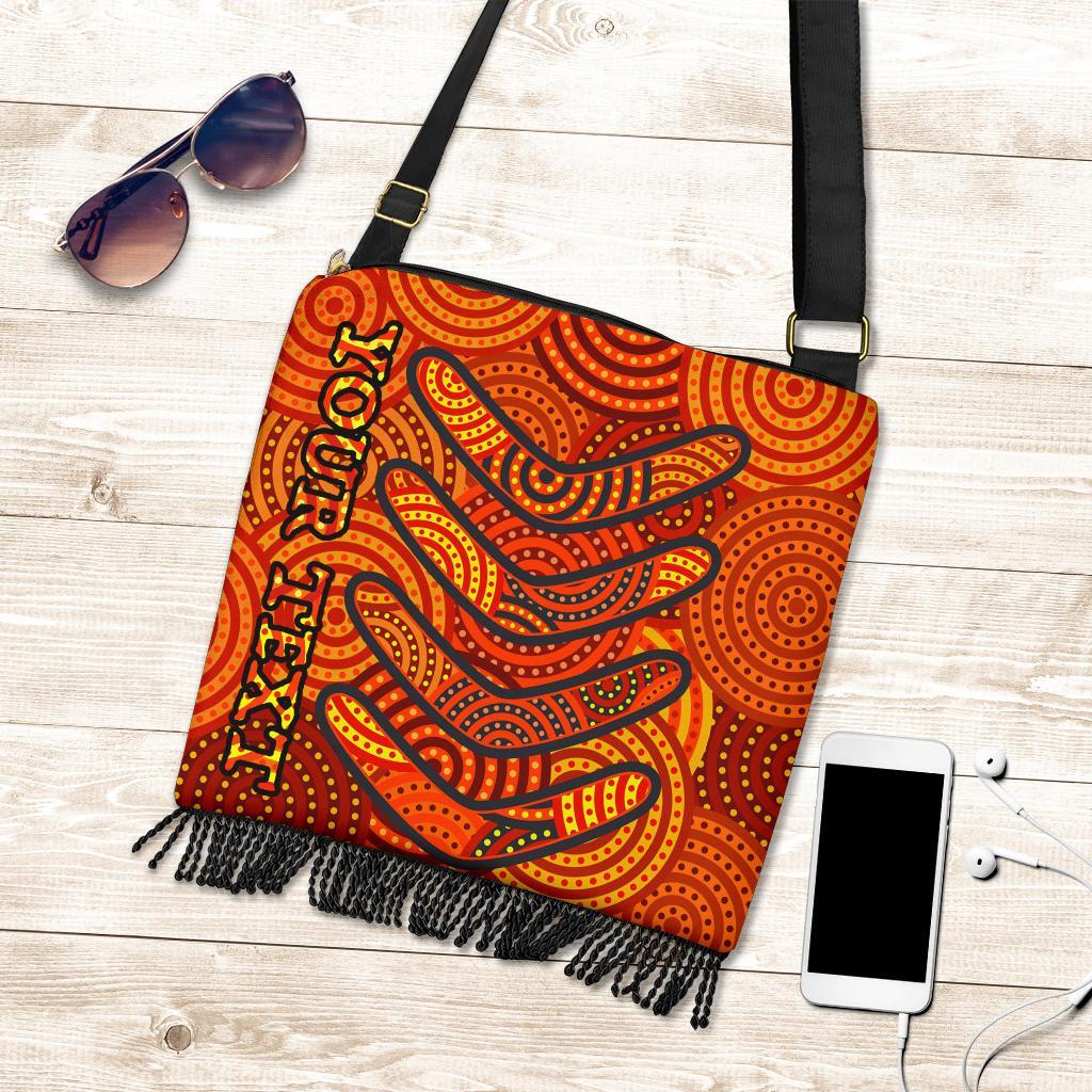 Aboriginal Personalised Boho Handbag - Aboriginal Boomerangs And Dot Circle