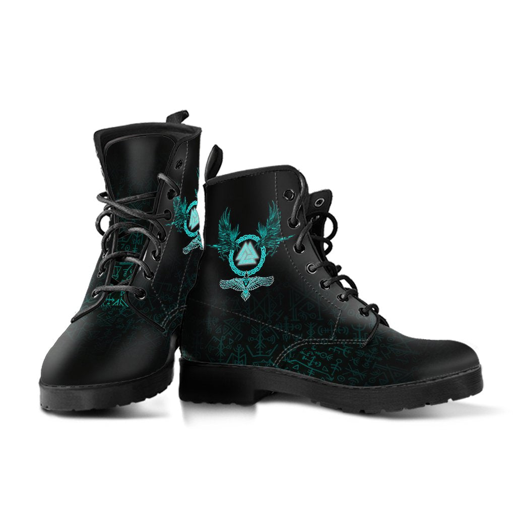 Viking Leather Boots Three Raven and Valknut Cyan