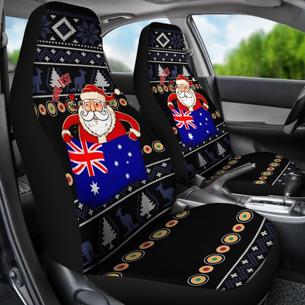 Christmas Personalised Car Seat Cover - Australia Santa Claus Hold The Flag ( Black) 