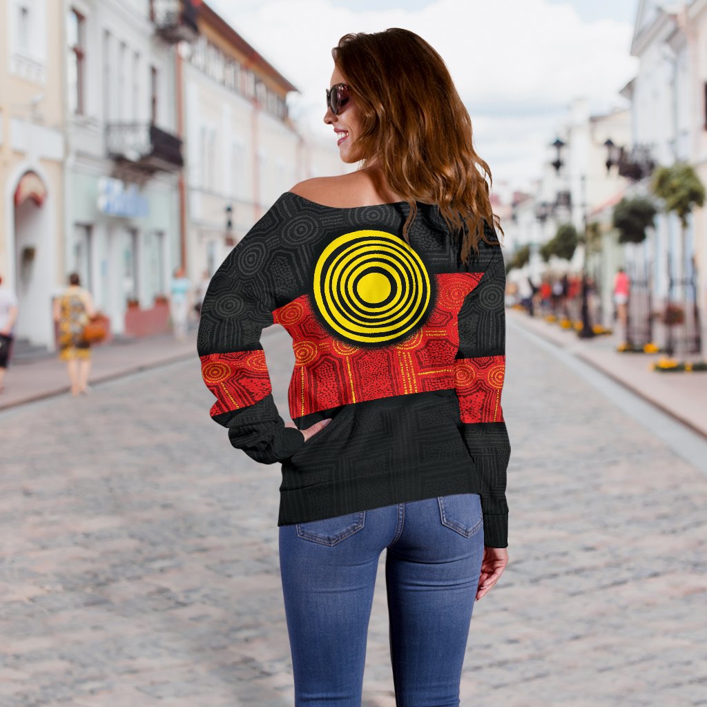 Personalised Aboriginal Women's Off Shoulder Sweater - Aussie Indigenous Flag