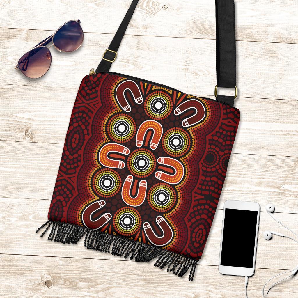 ABoriginal Crossbody Boho Handbag - Aboriginal Dot Painting Flowers Style