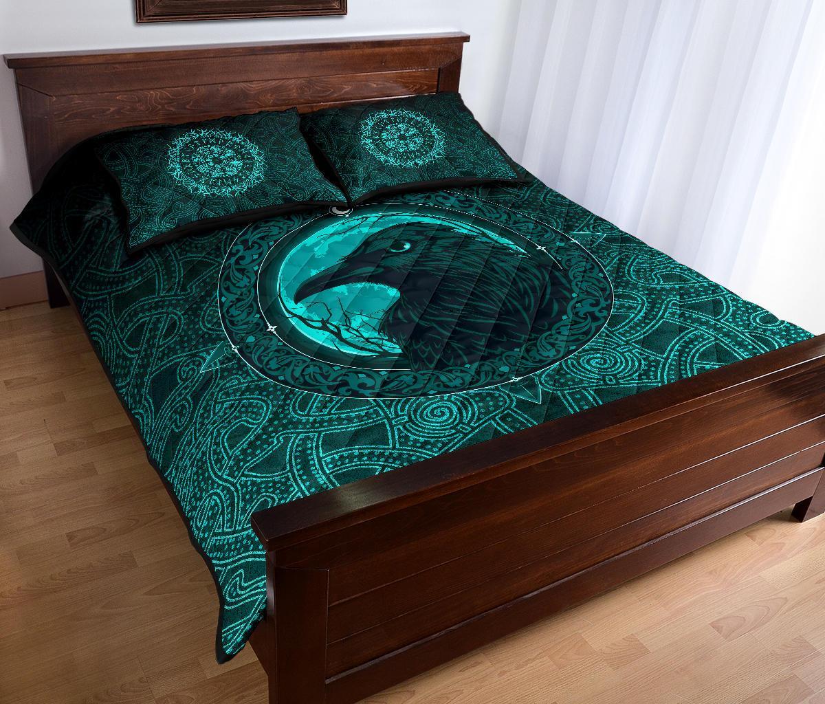 Viking Quilt Bedding Set Ethnic Odin Raven Cyan