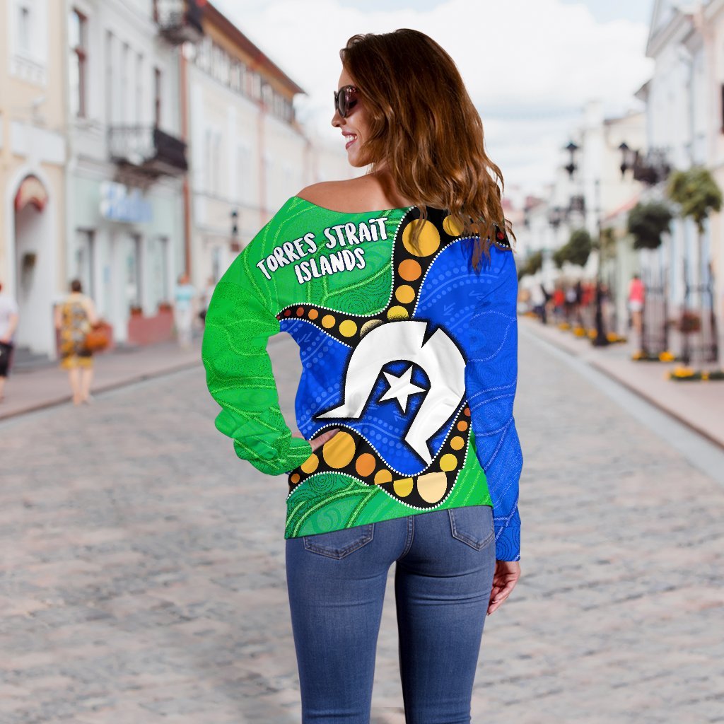 (Custom) Torres Strait Islands Women's Off Shoulder Sweater - Flag with Aboriginal Patterns