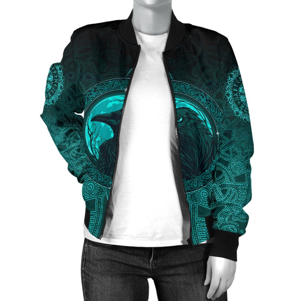 Viking Bomber Jacket Ethnic Odin Raven Cyan Style Ver02