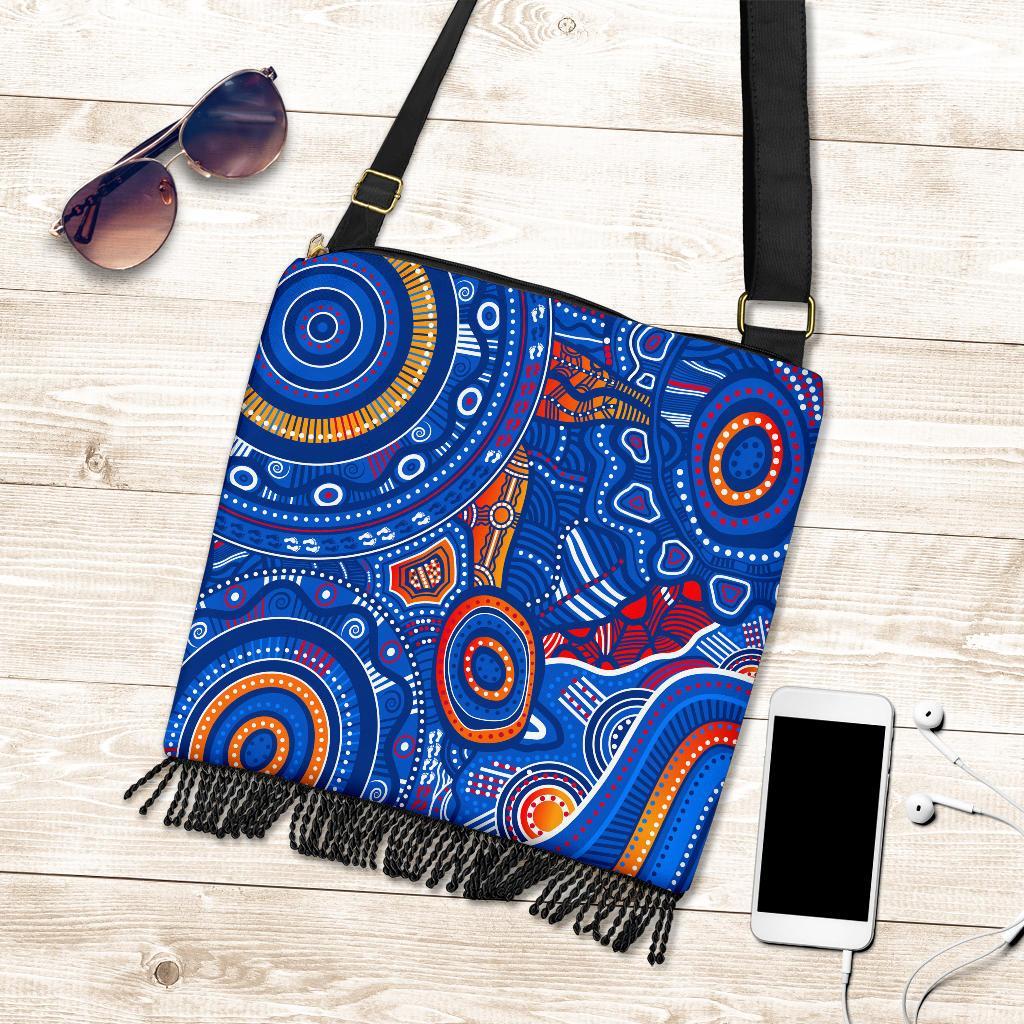 Aboriginal Crossbody Boho Handbags - Indigenous Footprint Patterns Blue Color