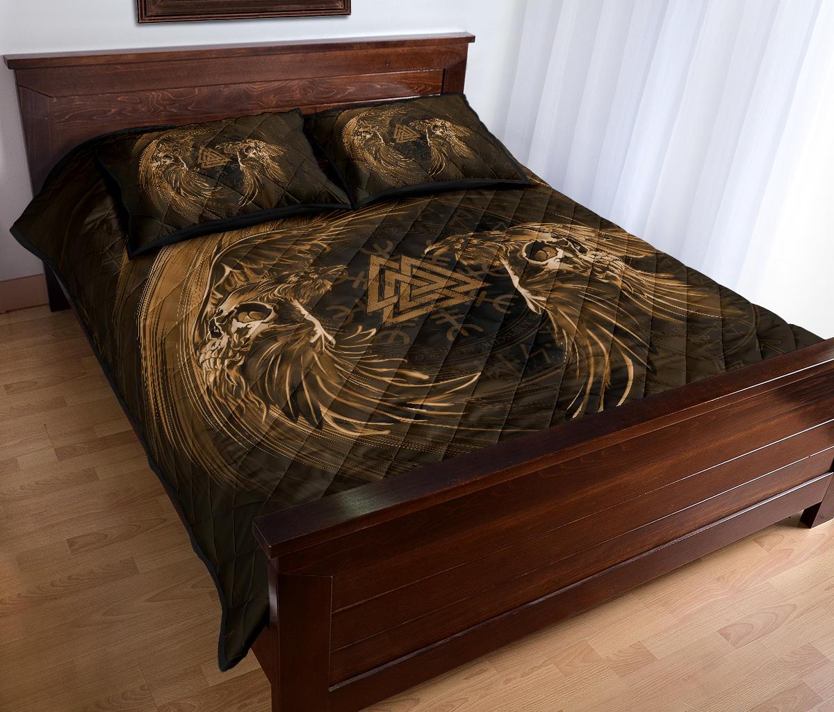 Viking Quilt Bedding Set Ravens Skull Tattoo Gold