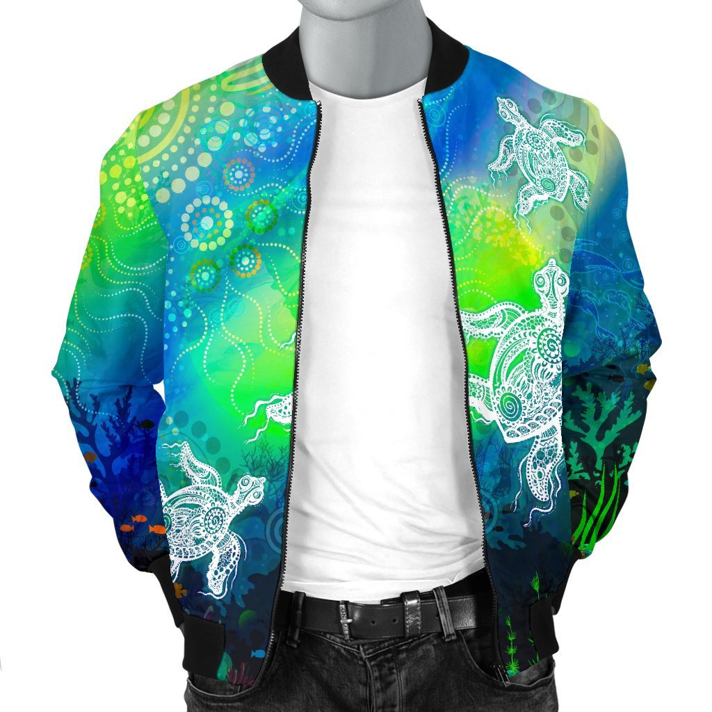 Aboriginal Bomber Jacket - Indigenous Turtle Ocean Dot Painting Art