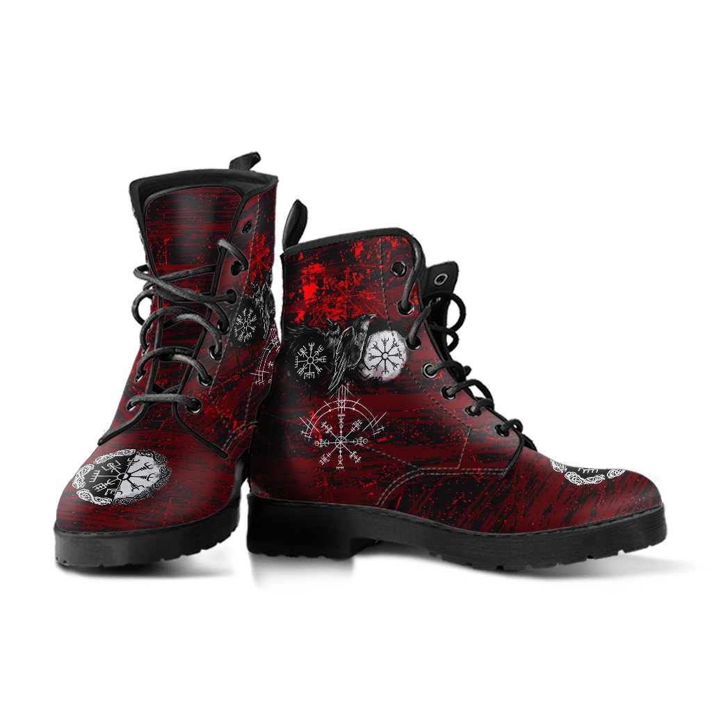 Viking Leather Boots Raven of Odin and Symbol Viking on Blood Background Ver02