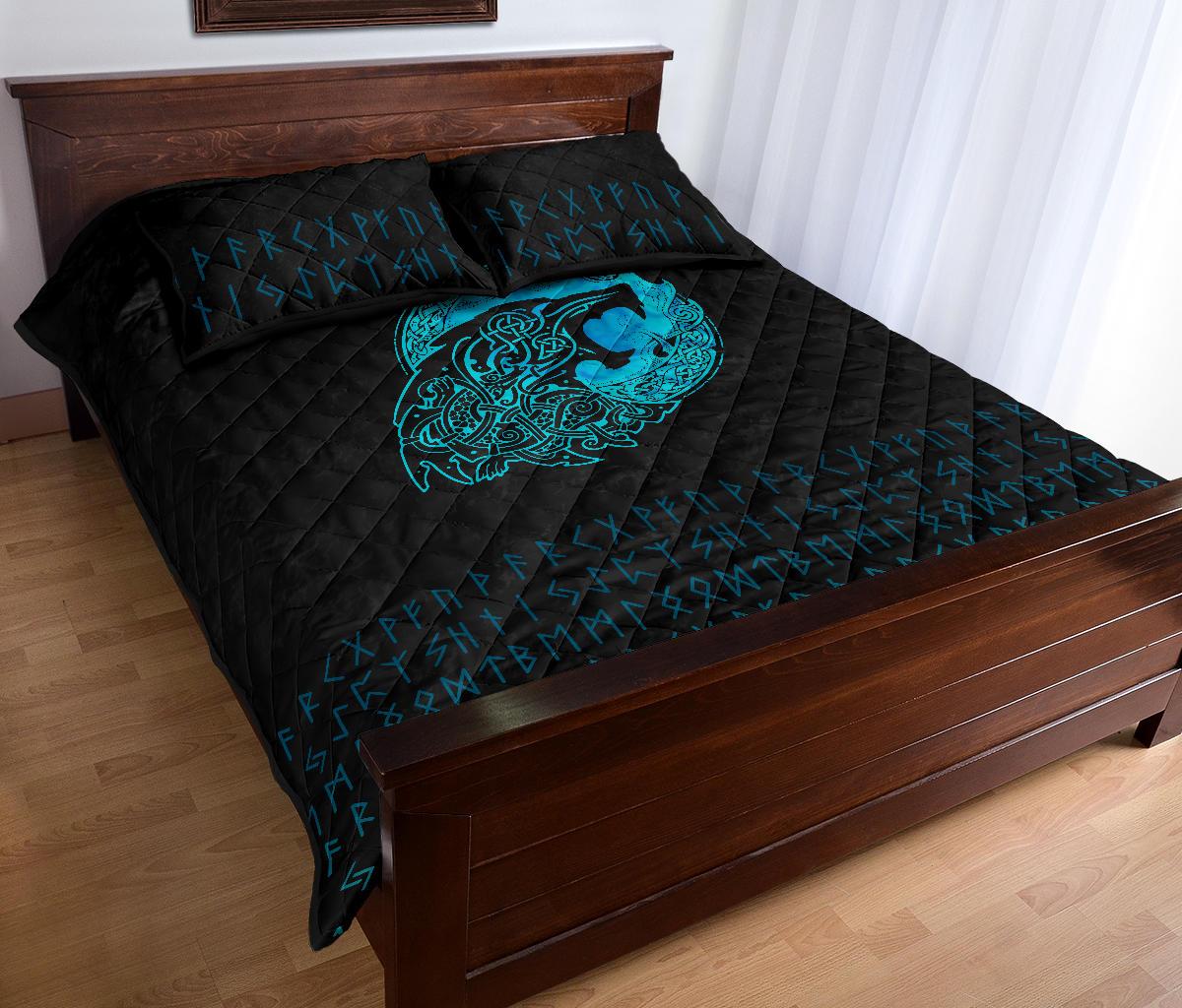 Viking Quilt Bedding Set Fenrir Wolf Cyan