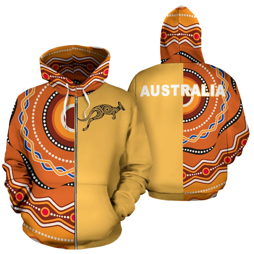 Aboriginal Zip Hoodie - Kangaroo Dot Painting Australia Patterns