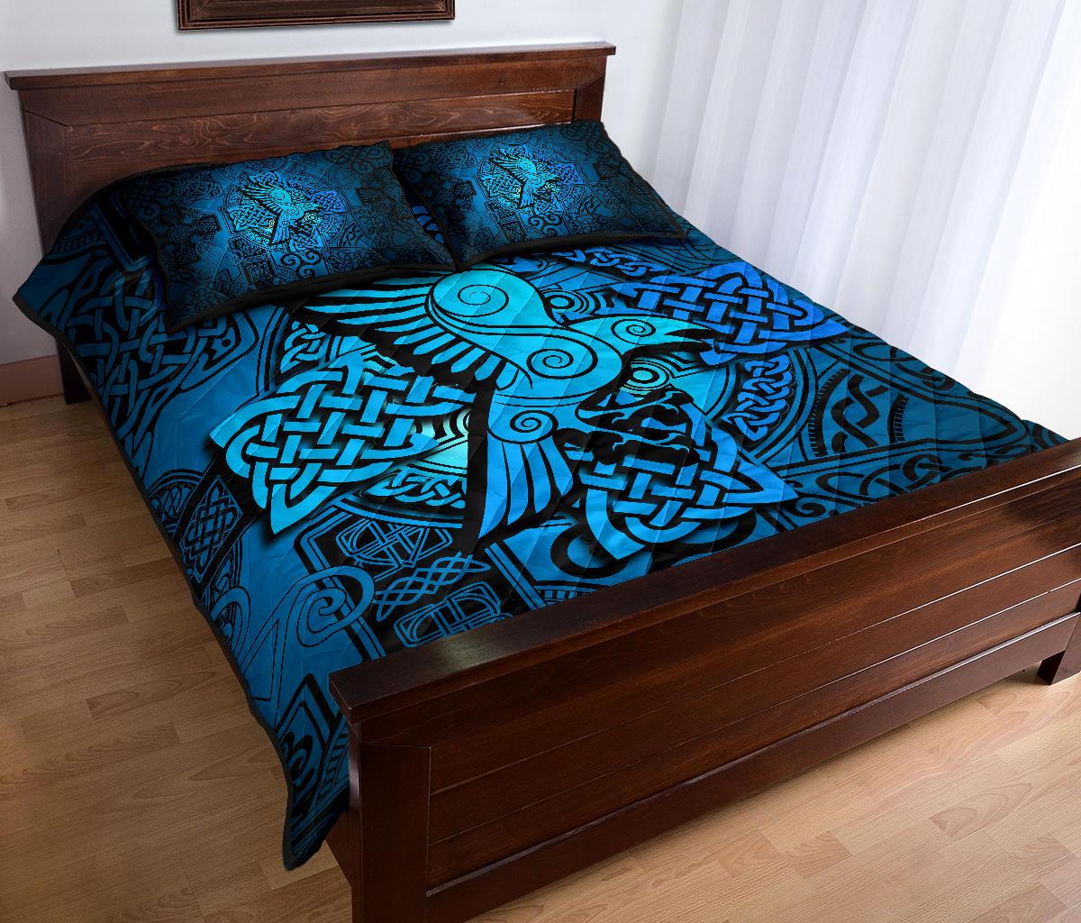 Viking Quilt Bedding Set Raven Odin Celtic Cyan