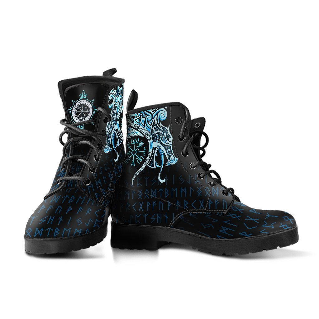 Viking Leather Boots Fenrir Raven And Vegvisir Tattoo Cyan