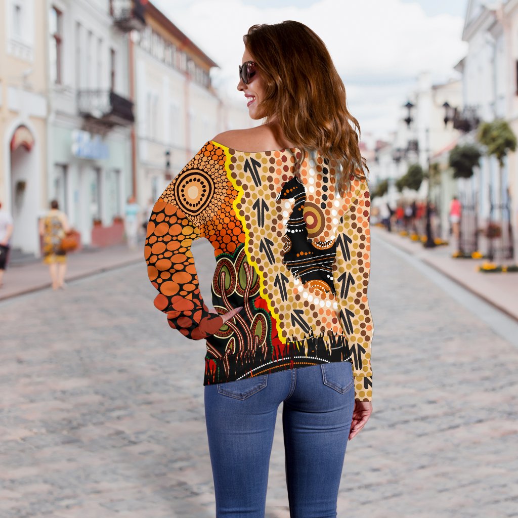 Off Shoulder Sweater - Australian Aboriginal Sun and Emu
