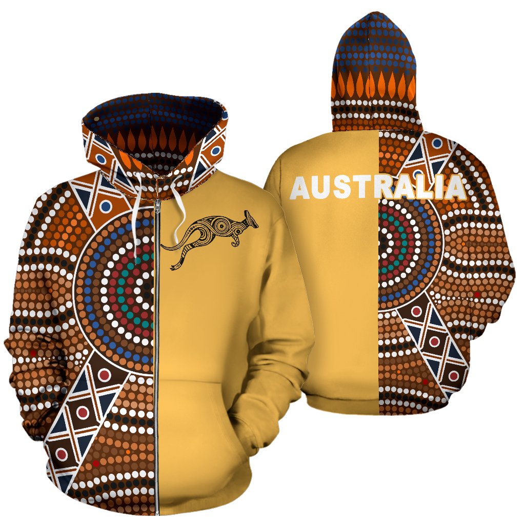 Aboriginal Zip Hoodie - Kangaroo Patterns Circle Dot Painting