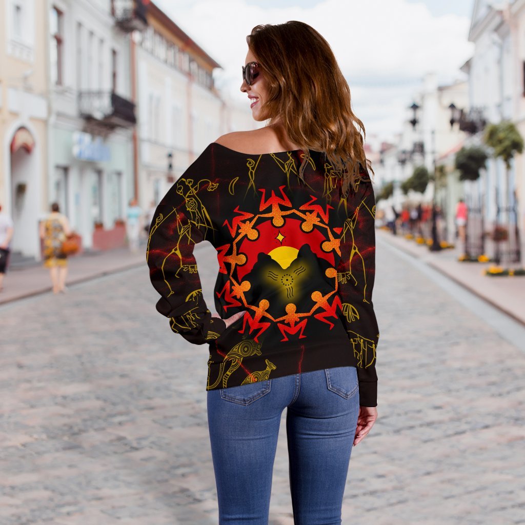 Aboriginal Women's Off Shoulder Sweater - Australia Map and Indigenous Flag