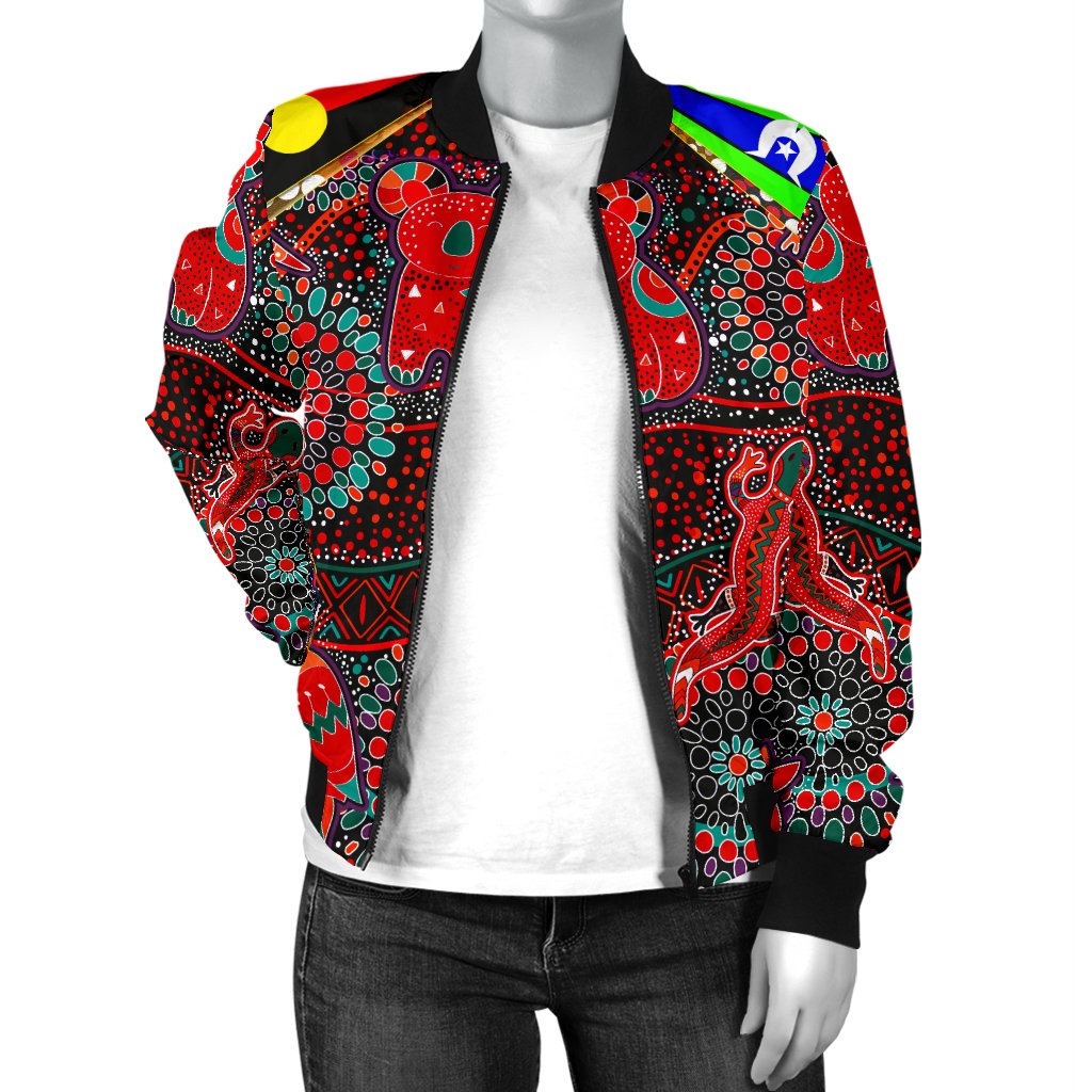 Women Bomber Jacket - Aboriginal Animal & Dot Acrylic Paint