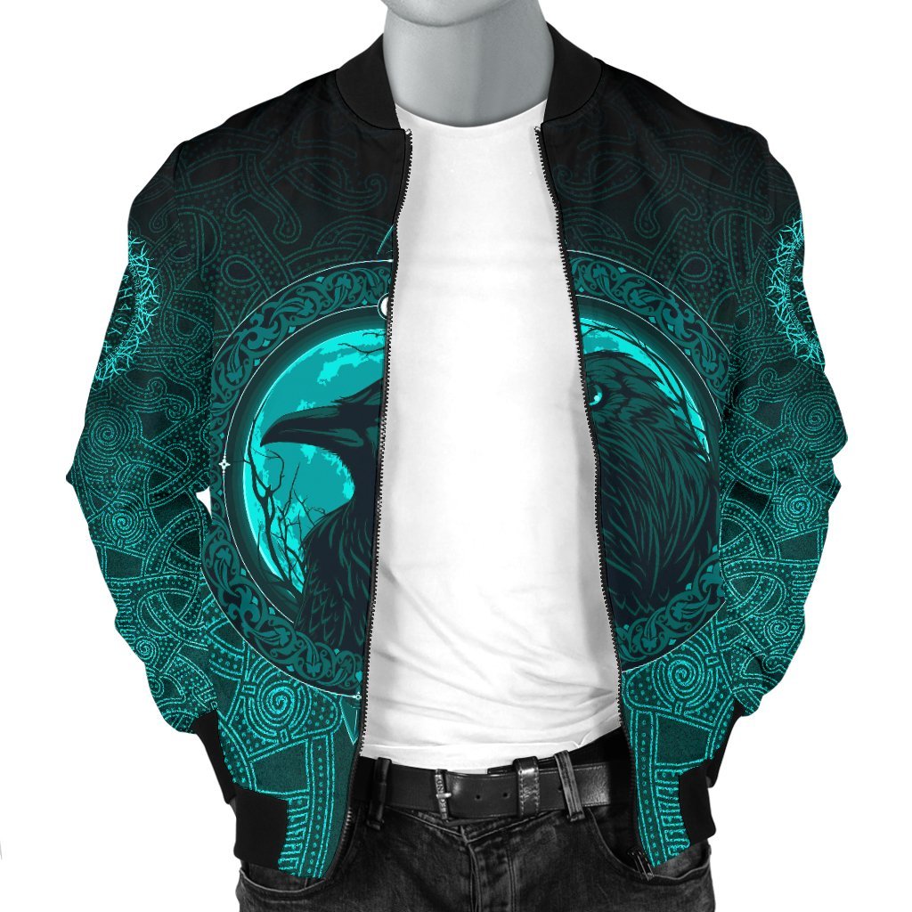 Viking Bomber Jacket Ethnic Odin Raven Cyan Style Ver01