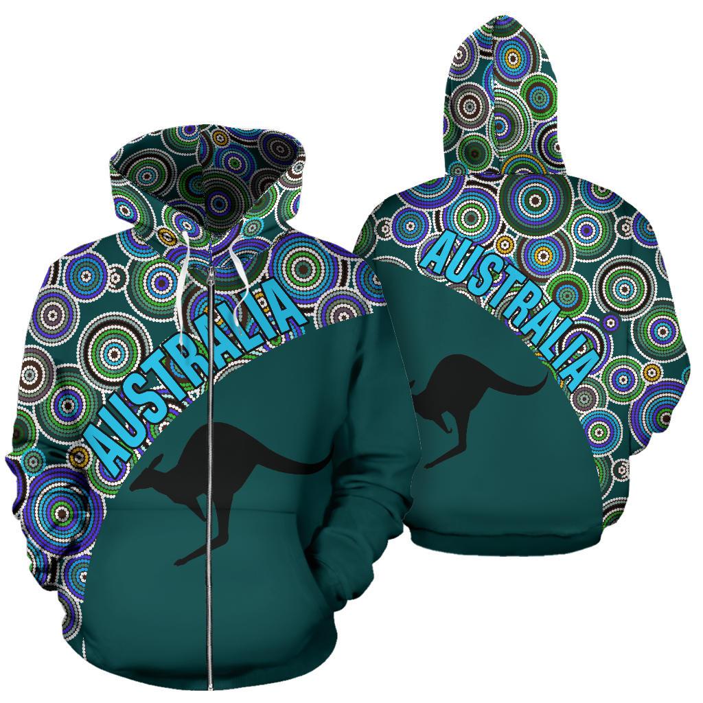 Aboriginal Zip Hoodie - Kangaroo Patterns Circle Dot Painting 01