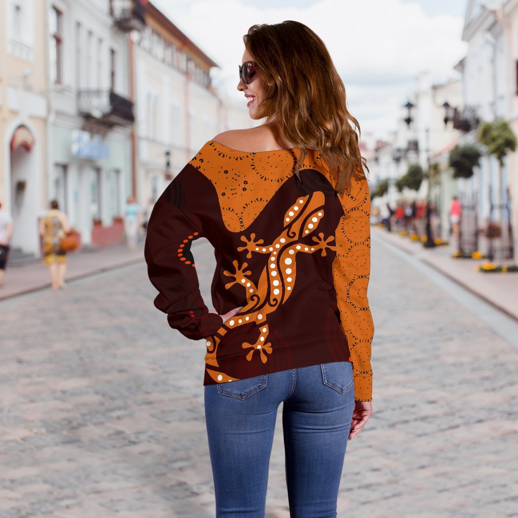 Aboriginal Women's Off Shoulder Sweater - Lizard in Aboriginal Dreaming