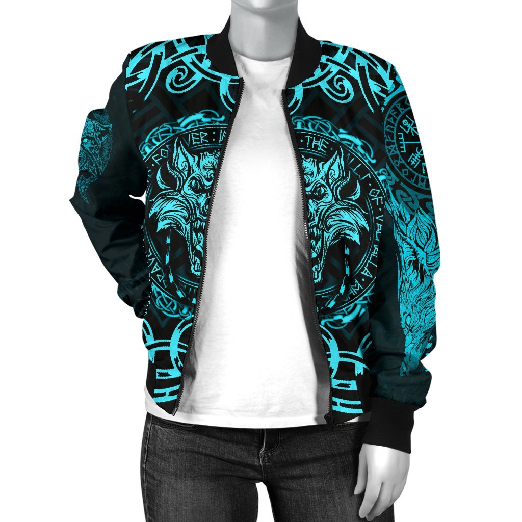 Viking Bomber Jacket Fenrir Viking Cyan 3D Style Ver02