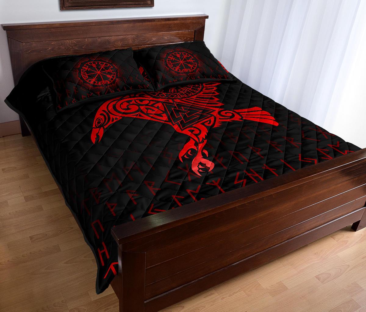 Viking Quilt Bedding Set Raven Tattoo Red