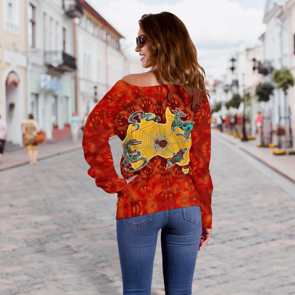 Aboriginal Women's Off Shoulder Sweater - Australia Map Hand Patterns Spider Web