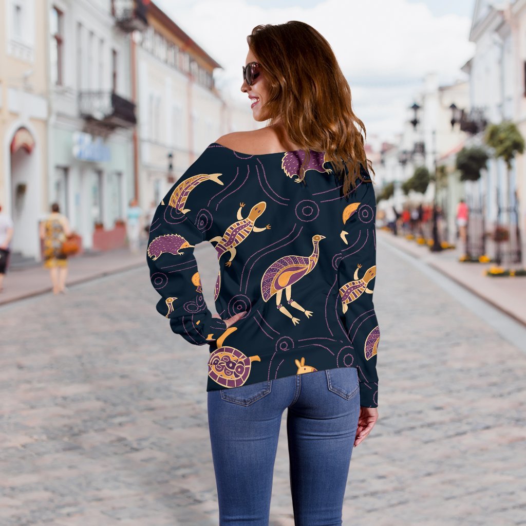 Women's Off Shoulder Sweater - Indigenous Animals Patterns