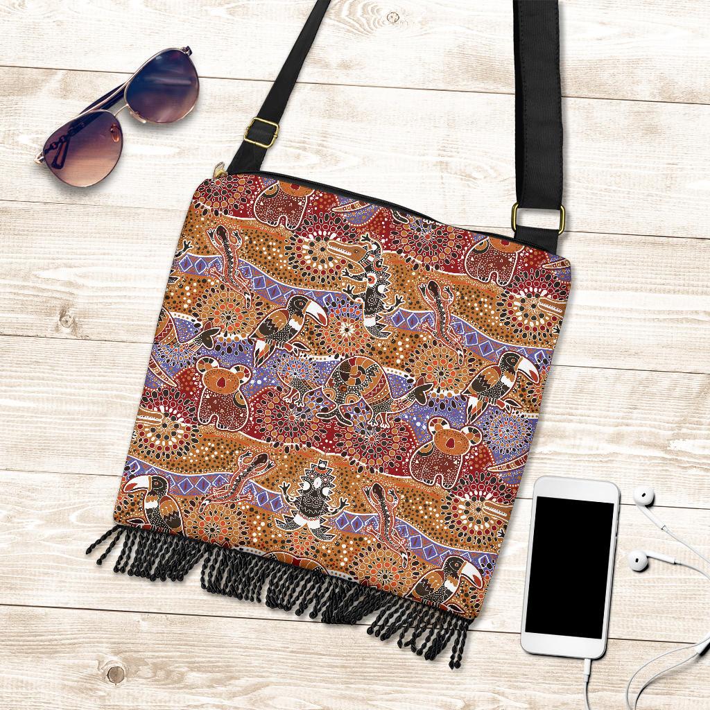 Crossbody Boho Handbags - Aboriginal Patterns Bag Australian Animals