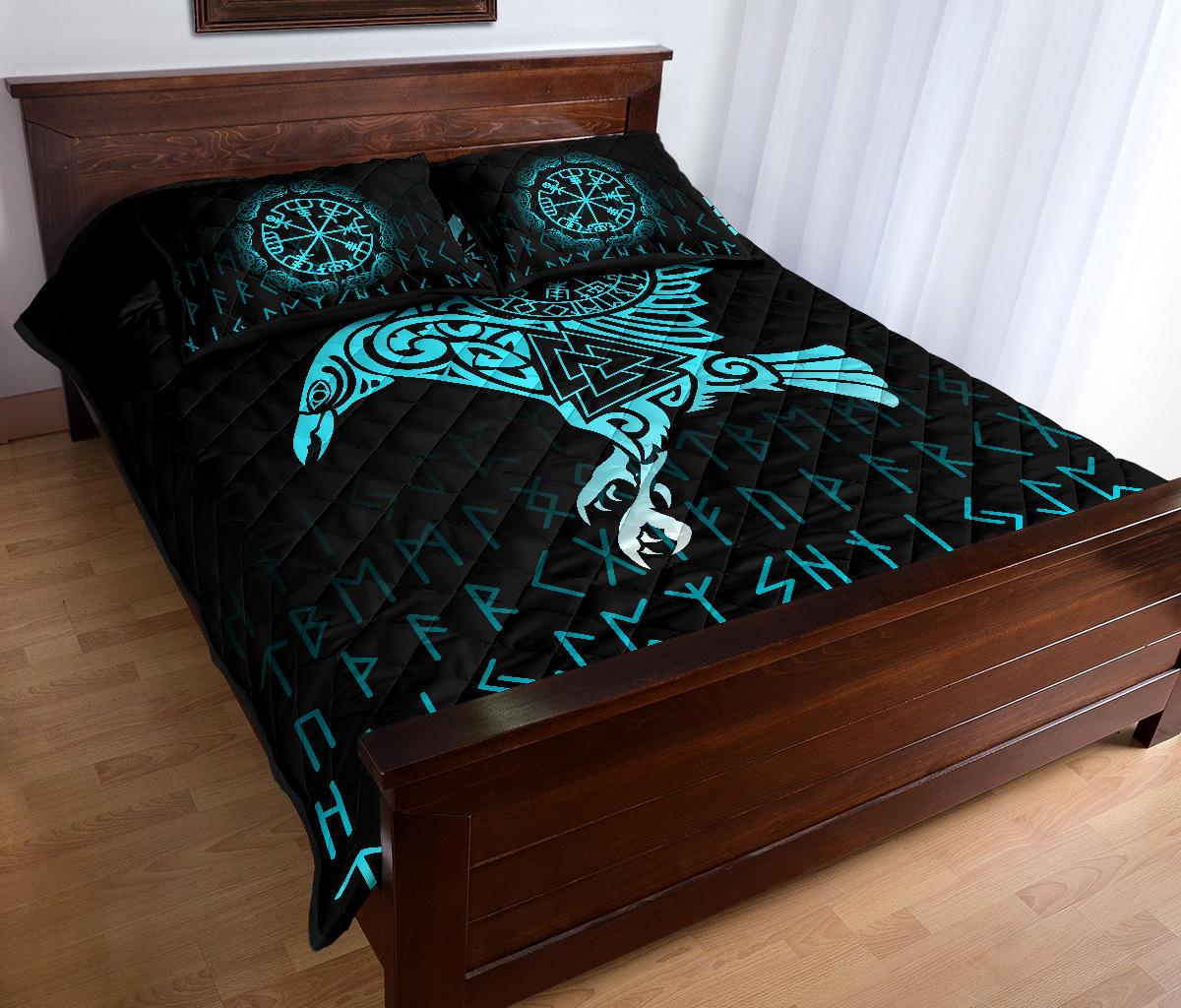 Viking Quilt Bedding Set Raven Tattoo Cyan